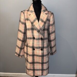 Loft Pink Gray Plaid Pea Coat Wool Blend Lined Pocket Women's Size M Petite NWT